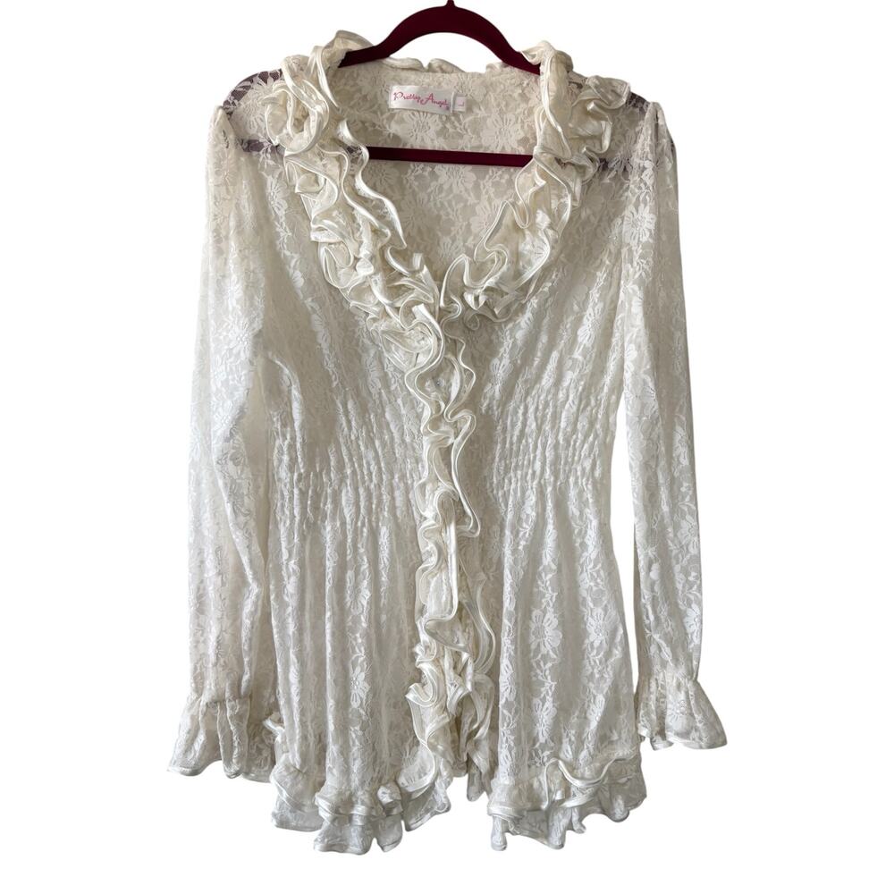 Pretty Angel White Romantic Lace Ruffle Button Up Top Women’s Large Long Sleeves